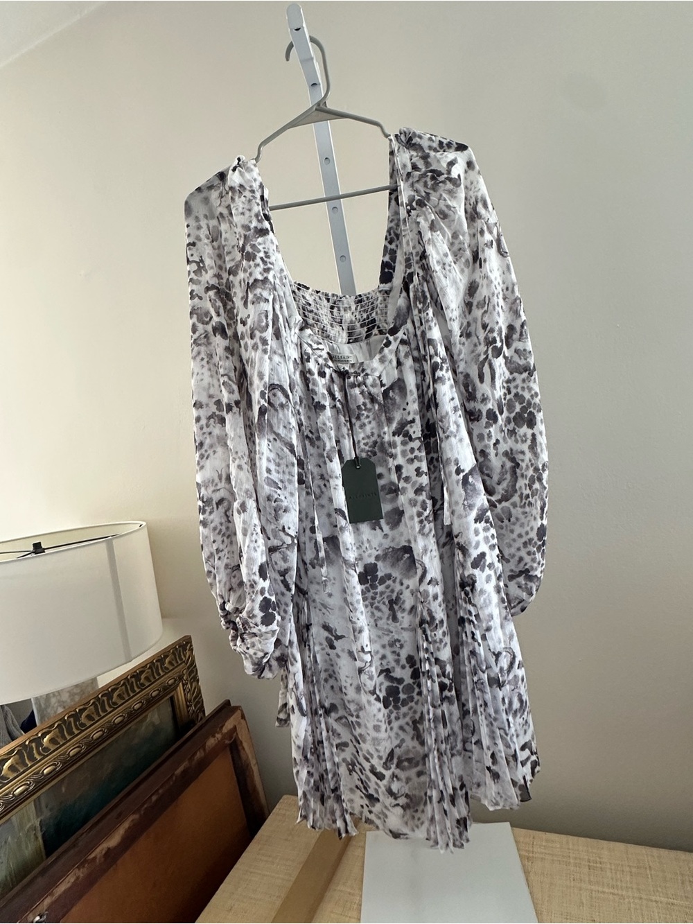 AllSaints White and Gray Printed Peasant Dress